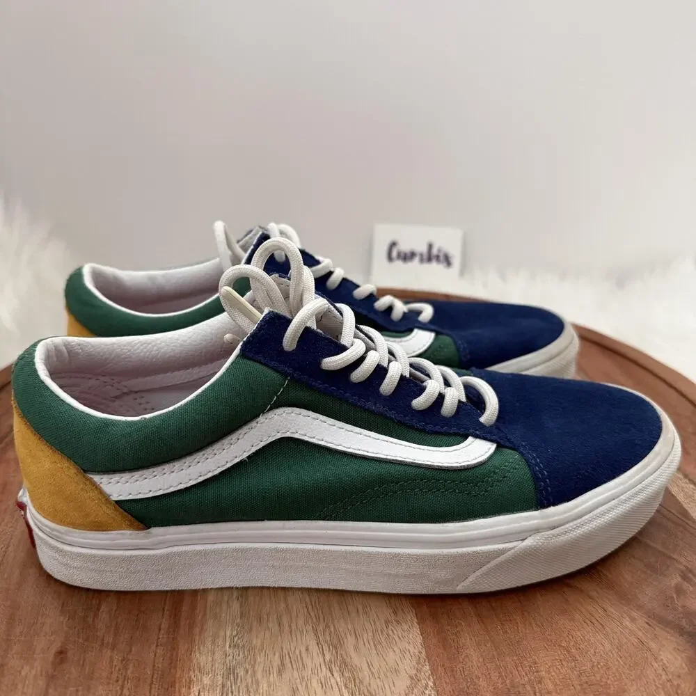 Vans Old Skool Shoes Mens Size 6 Womens 7.5 Blue Green Yellow Suede Canvas Skate